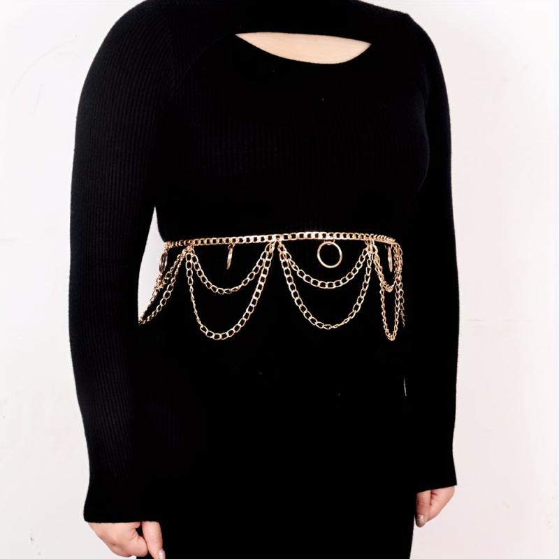 Layered Waist Chain Metal Tassel Dress Girdle for Women