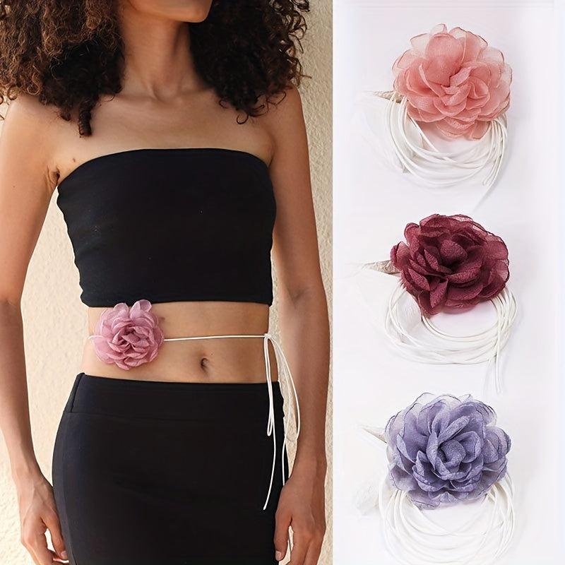 Vintage Mesh Flower Sash Belt Lace Up Waist Belt Dress Girdle