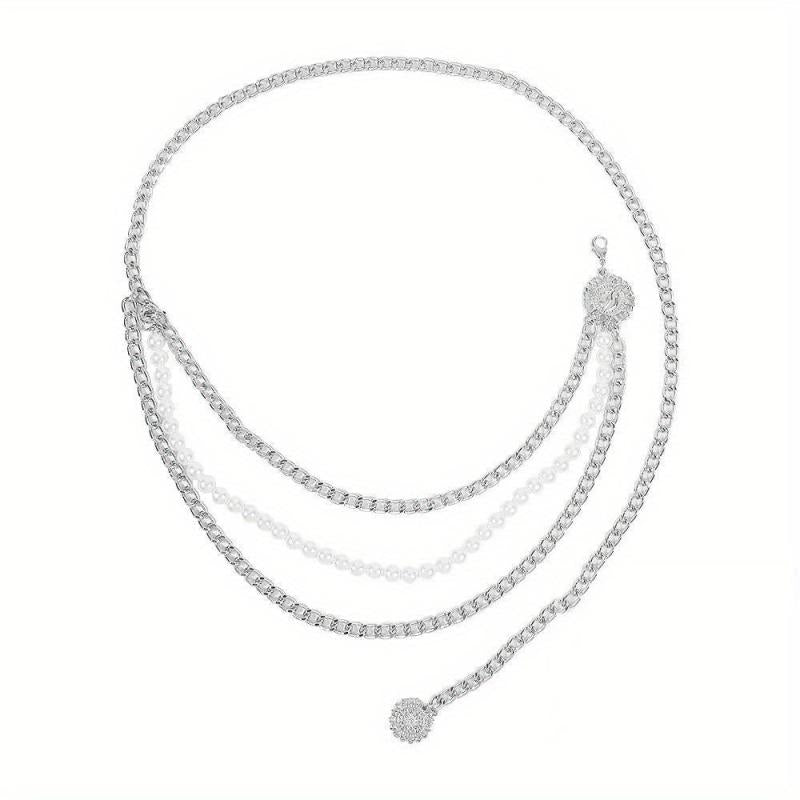 Metal Waist Chain Faux Pearl Dress Chain Pendant Tassel Jewelry