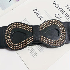 Vintage 8 Shaped Rivet Buckle Belt Elastic PU Leather Wide Belt