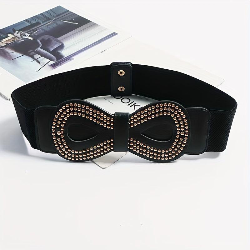 Vintage 8 Shaped Rivet Buckle Belt Elastic PU Leather Wide Belt