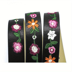 Boho Flower Embroidery Belt Vintage Pin Buckle PU Leather Waistband