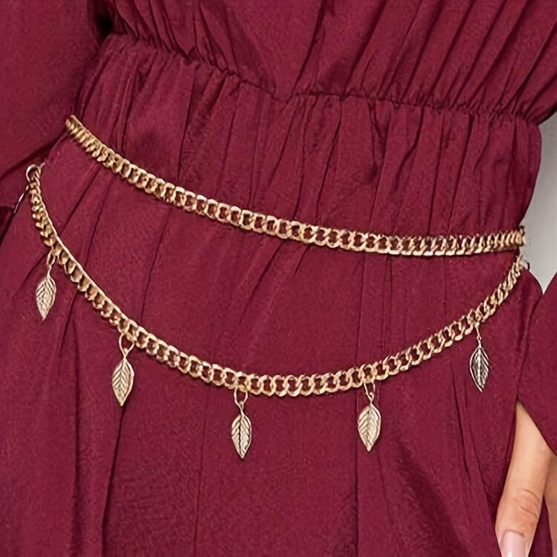 Fringe Double Layer Waist Chain Leaf Pendant Metal Belly Chain