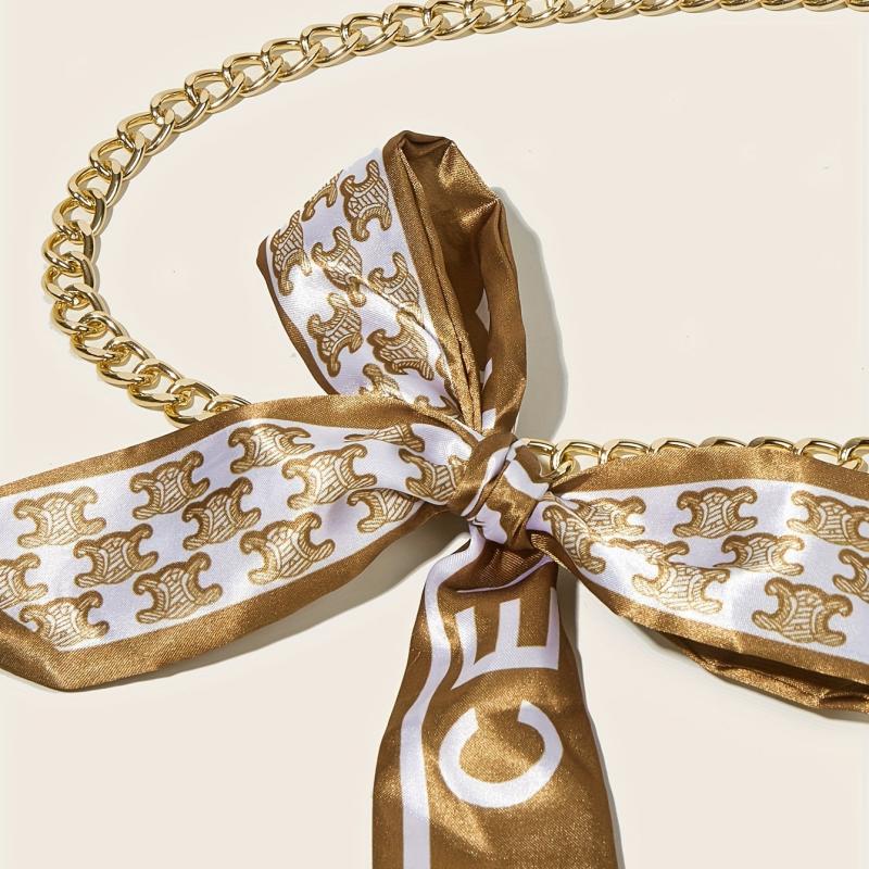 Faux Pearl Pendant Waist Chain Ribbon Bowknot Decor Jeans Pants Metal Waistband