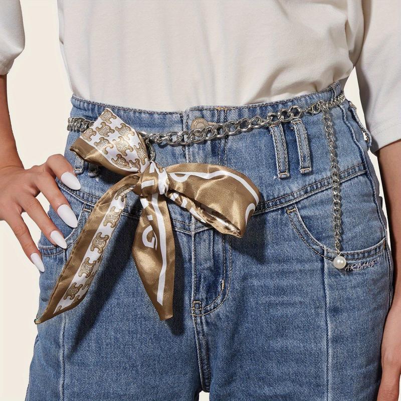 Faux Pearl Pendant Waist Chain Ribbon Bowknot Decor Jeans Pants Metal Waistband