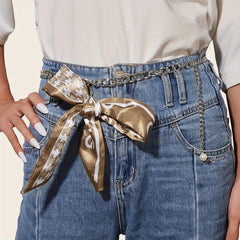 Faux Pearl Pendant Waist Chain Ribbon Bowknot Decor Jeans Pants Metal Waistband