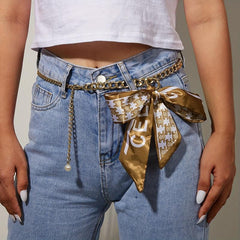 Faux Pearl Pendant Waist Chain Ribbon Bowknot Decor Jeans Pants Metal Waistband