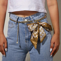 Faux Pearl Pendant Waist Chain Ribbon Bowknot Decor Jeans Pants Metal Waistband
