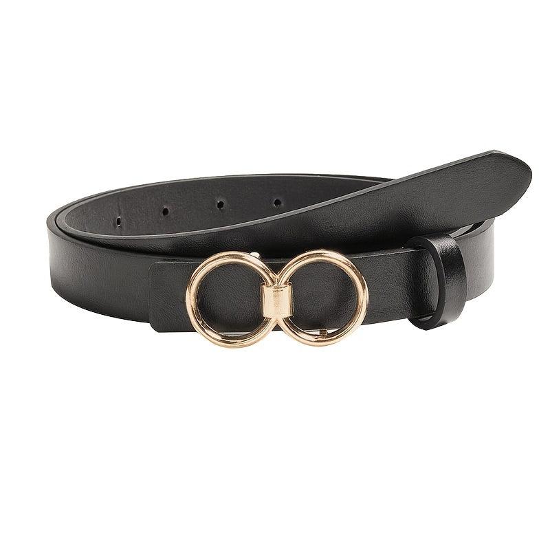 Double Round Buckle Casual Belt Solid PU Leather Waist Belts