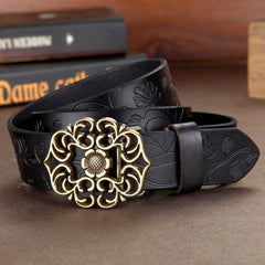 Vintage Flower Hollow Buckle Wide Leather Belt