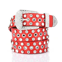 Wide Belt Rhinestone Inlaid Pin Buckle Perforation Belt