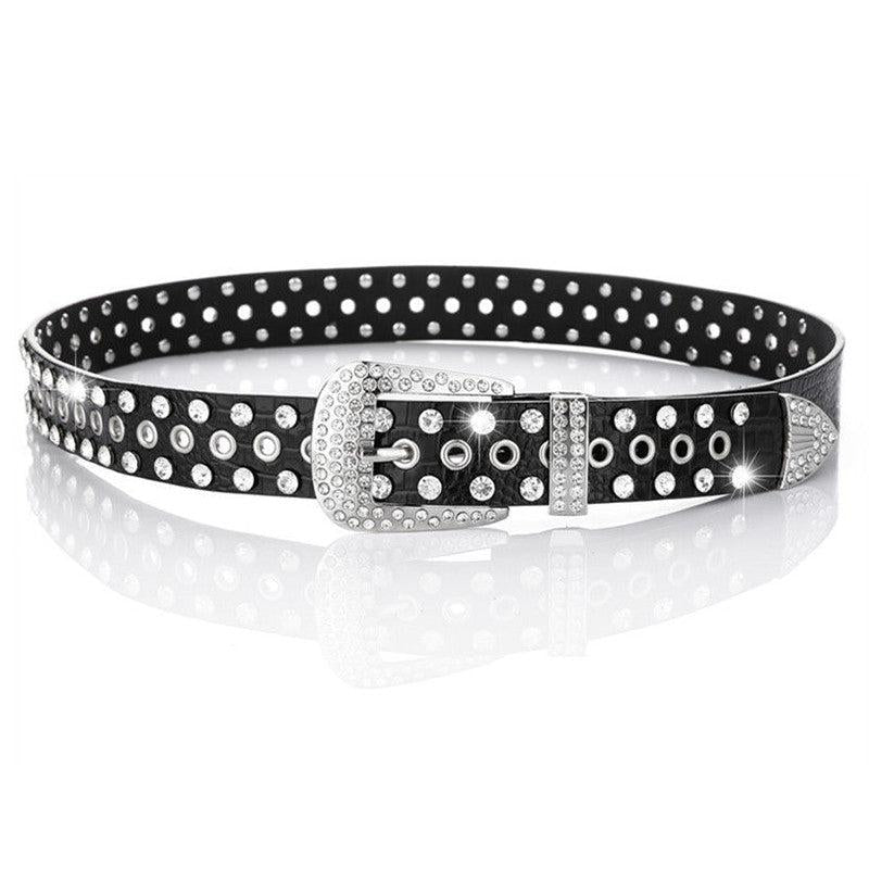 Wide Belt Rhinestone Inlaid Pin Buckle Perforation Belt