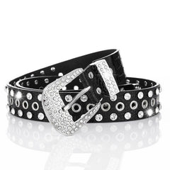 Wide Belt Rhinestone Inlaid Pin Buckle Perforation Belt