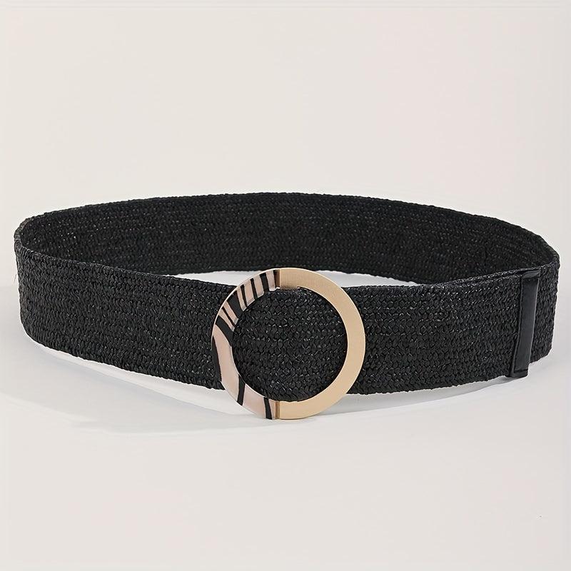 Vintage Straw Belt Braided Elastic Dress Waistband Round Buckle Women Girdle