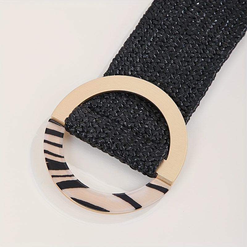 Vintage Straw Belt Braided Elastic Dress Waistband Round Buckle Women Girdle