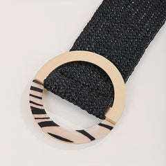 Vintage Straw Belt Braided Elastic Dress Waistband Round Buckle Women Girdle