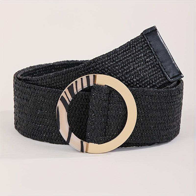 Vintage Straw Belt Braided Elastic Dress Waistband Round Buckle Women Girdle