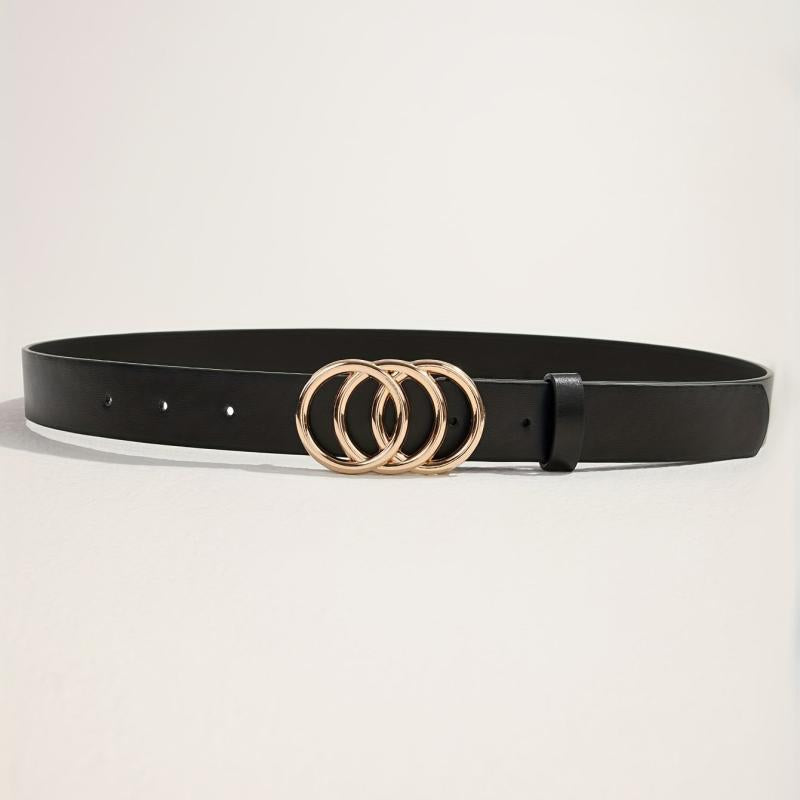 Golden Triple Ring Buckle Belt PU Leather Casual Jeans Pants Belts
