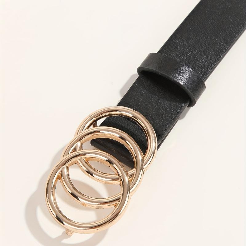 Golden Triple Ring Buckle Belt PU Leather Casual Jeans Pants Belts