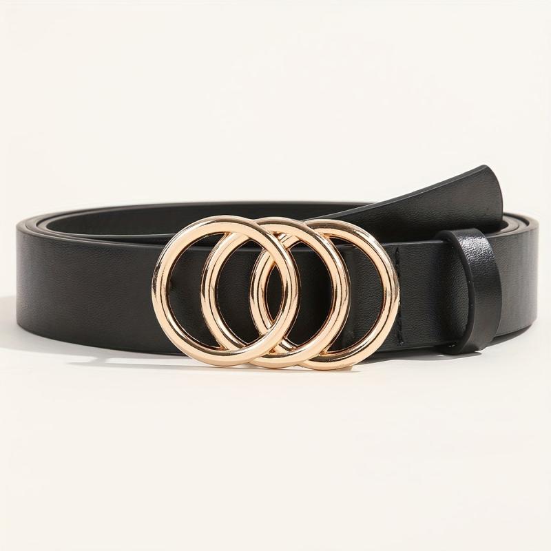 Golden Triple Ring Buckle Belt PU Leather Casual Jeans Pants Belts