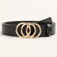 Golden Triple Ring Buckle Belt PU Leather Casual Jeans Pants Belts