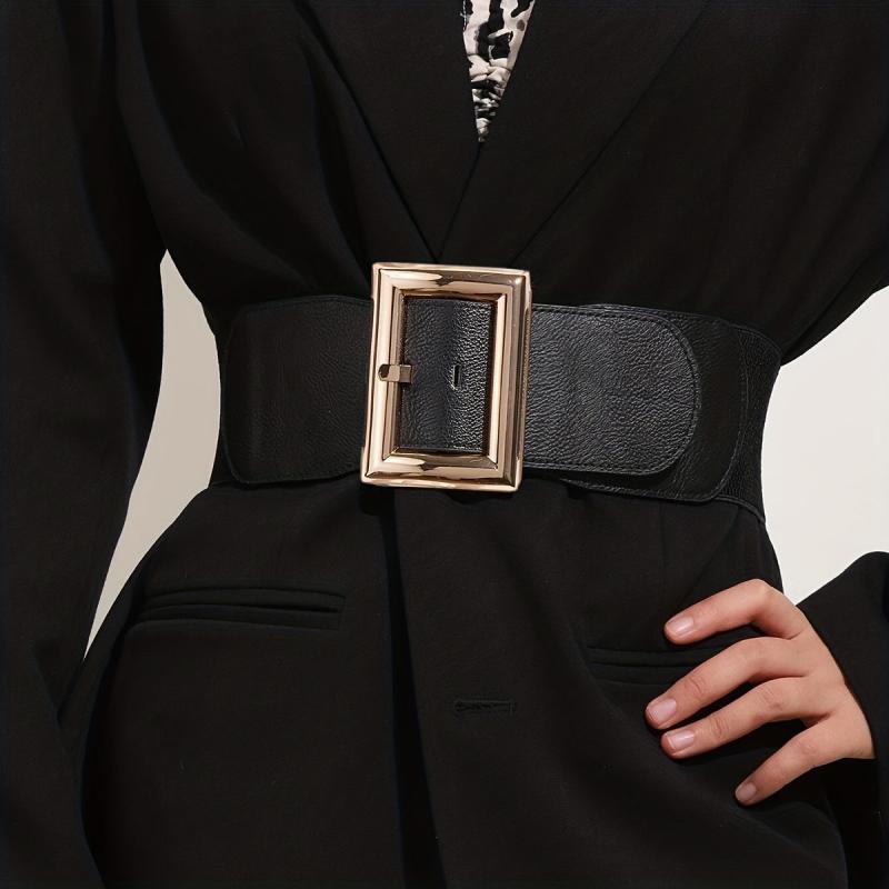 Wide Elastic Waistband Rectangular Buckle Belt for Women Dress Coat
