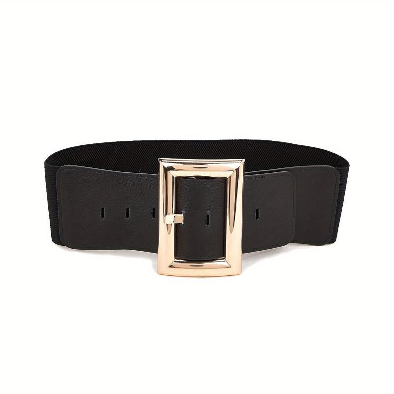 Wide Elastic Waistband Rectangular Buckle Belt for Women Dress Coat