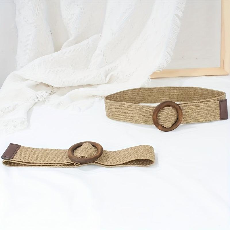 Bohemian Vintage Straw Belt with Round Buckle