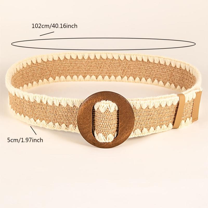 Woven Elastic Waist Belt with Wooden Buckle for Women Dress