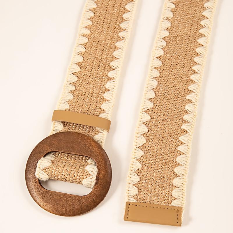 Woven Elastic Waist Belt with Wooden Buckle for Women Dress