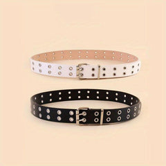 Punk Eyelet Belt Double Pin Buckle PU Belt 2pcs Set
