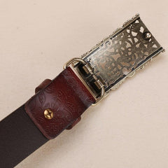 Embossed Cowhide Leather Belt with Square Buckle