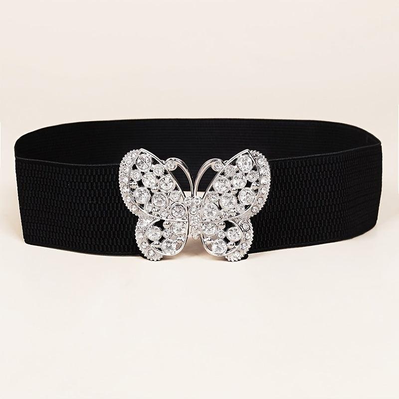 Rhinestone Belt Butterfly Decorated Elastic Girdle Butterfly Hook Buckle