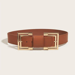 Vintage PU Leather Belt Double Square Metal Buckle Wide Belt Women's