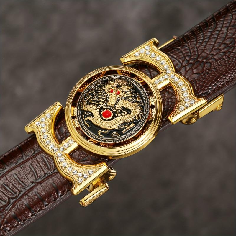 Dragon Embossed Auto Buckle Belt Faux Diamond Inlaid Pu Leather Waist Strap