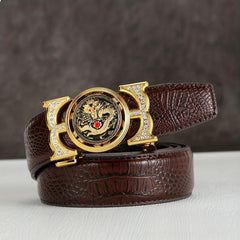 Dragon Embossed Auto Buckle Belt Faux Diamond Inlaid Pu Leather Waist Strap