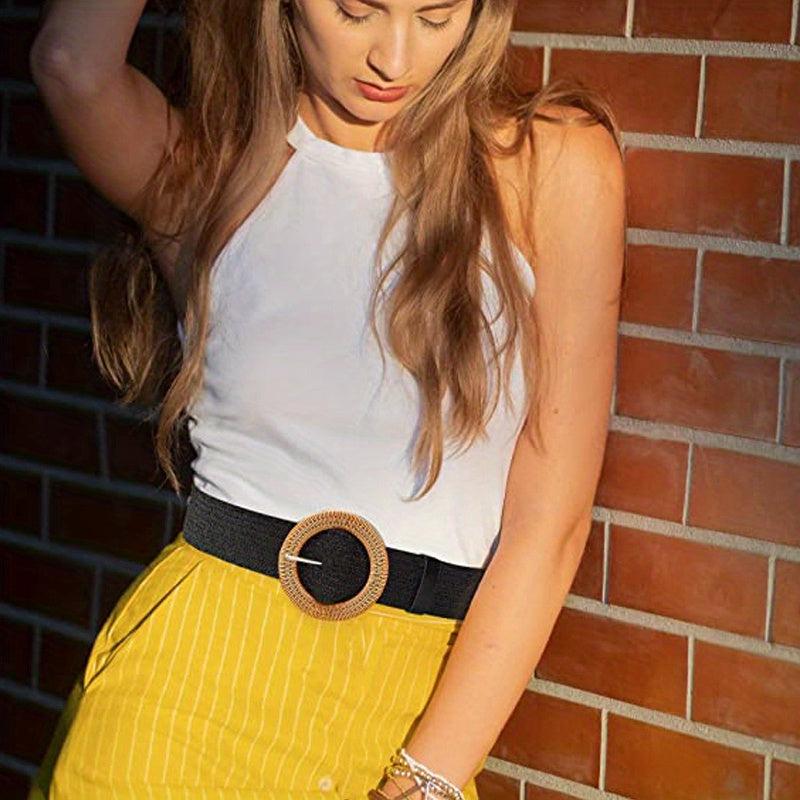 Straw Woven Belt Elastic Vine Belt Boho Waistband Dress Belt Wooden Buckle