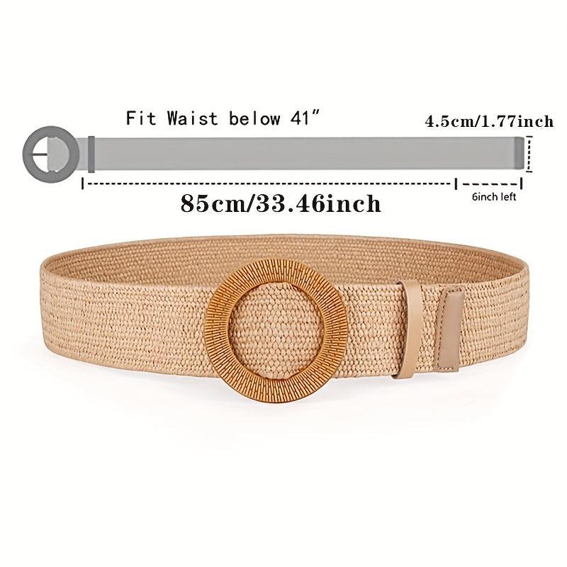Straw Woven Belt Elastic Vine Belt Boho Waistband Dress Belt Wooden Buckle