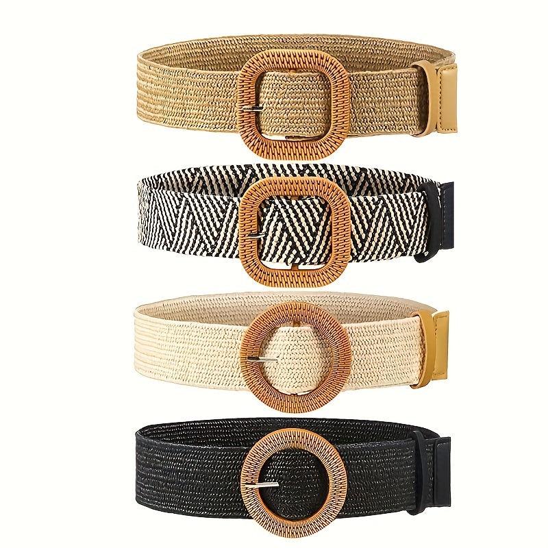 Straw Woven Belt Elastic Vine Belt Boho Waistband Dress Belt Wooden Buckle