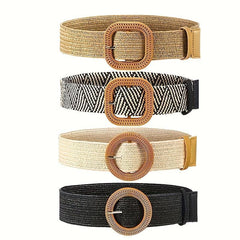 Straw Woven Belt Elastic Vine Belt Boho Waistband Dress Belt Wooden Buckle