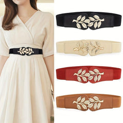 Golden Leaf Buckle Wide Belt Elastic Waistband Women Coat Dress Girdle