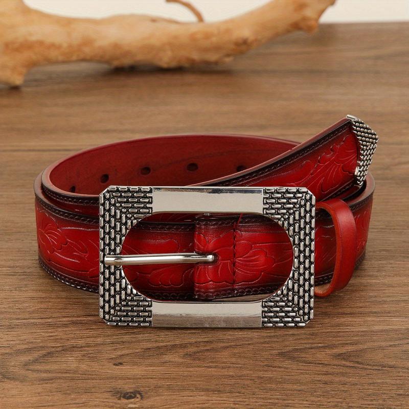 Vintage Red Embossed Belt PU Adjustable Jeans Pants Western Cowboy Cowgirl Belts