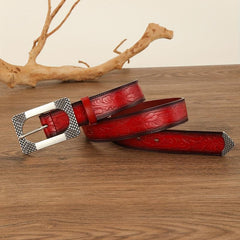 Vintage Red Embossed Belt PU Adjustable Jeans Pants Western Cowboy Cowgirl Belts