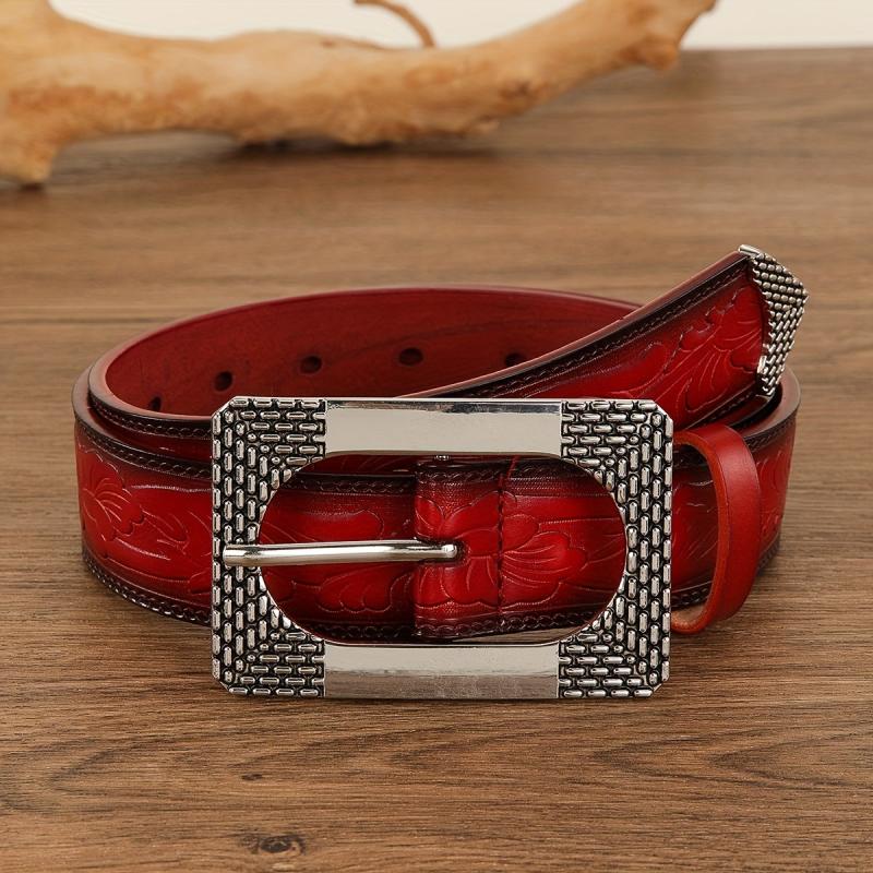 Vintage Red Embossed Belt PU Adjustable Jeans Pants Western Cowboy Cowgirl Belts