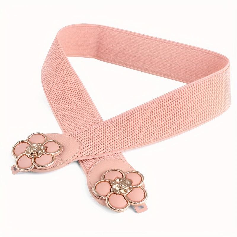 Flower Buckle Elastic Belt Women Vintage Wide Waist Seal Double Buckle