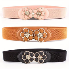 Flower Buckle Elastic Belt Women Vintage Wide Waist Seal Double Buckle