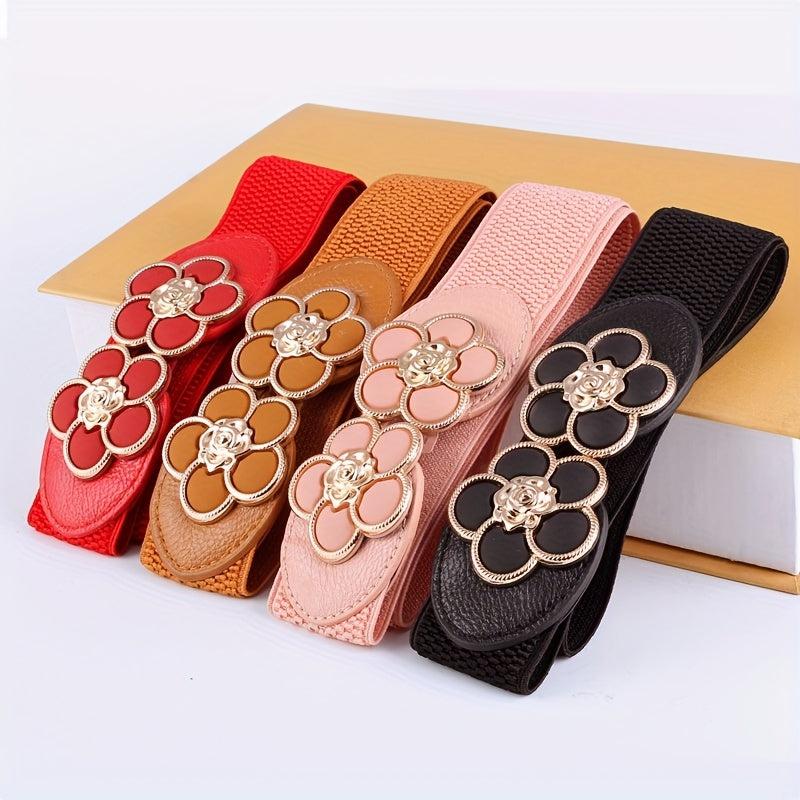 Flower Buckle Elastic Belt Women Vintage Wide Waist Seal Double Buckle