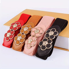 Flower Buckle Elastic Belt Women Vintage Wide Waist Seal Double Buckle