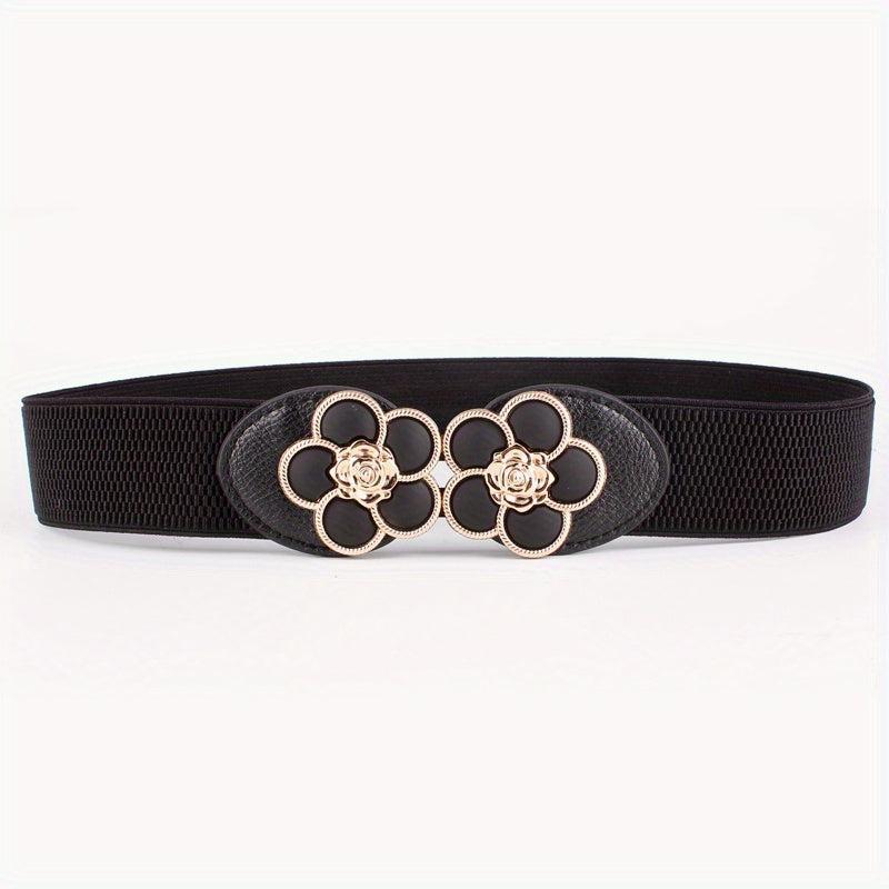 Flower Buckle Elastic Belt Women Vintage Wide Waist Seal Double Buckle