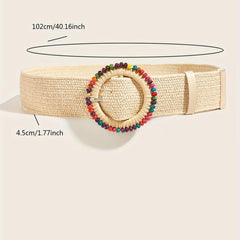 Boho Style Beaded Elastic Belt Colorful Wooden Beads Handwoven Round Buckle
